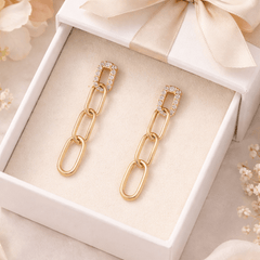 Trendy Gold-Tone Chain Link Drop Earrings with Crystal Studs