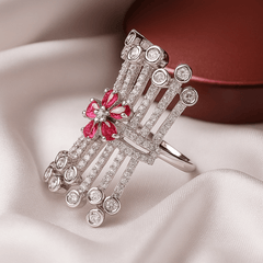 Rhodium plated with American diamond rectangular adjustable Finger Ring