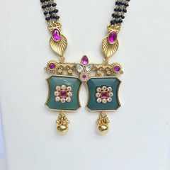 Traditional Green Enamel Gold Plated Square Pendant Long Mangalsutra