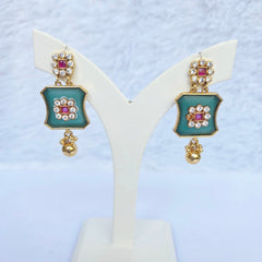 Traditional Green Enamel Gold Plated Square Pendant Long Mangalsutra