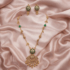 Traditional Gold Plated Antique Finish Temple Jewelry Kundan & Green Enamel Long Necklace Set