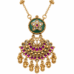 Traditional Gold Plated Antique Finish Temple Jewelry Kundan & Green Enamel Long Necklace Set