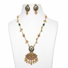Traditional Gold Plated Antique Finish Temple Jewelry Kundan & Green Enamel Long Necklace Set