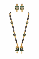 Traditional Green Enamel Gold Plated Square Pendant Long Mangalsutra