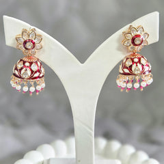 Gold Plated Maroon Meenakari Jhumka Earrings for Women Kundan Floral Pearl Drop Ethnic Earrings