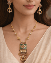 Gold Plated Antique Temple Necklace Set with Green Enamel Square Pendant & Matching Jhumka Earrings for Women
