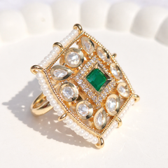 Antique Gold Green Polki Square Adjustable Ring