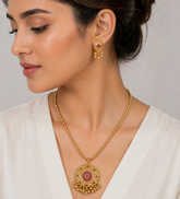Gold Plated Temple Style Red Stone Pendant Necklace Set with Earrings