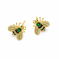Gold Plated Crystal Bee Stud Earrings for Women & Girls Green Stone Insect Design Earrings