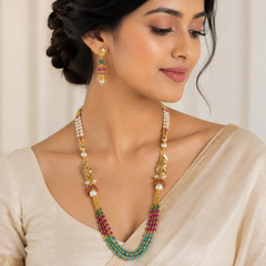 Multicolor Beaded Pearl Necklace Set for Women Leaf Motif Designer Necklace with Matching Earrings