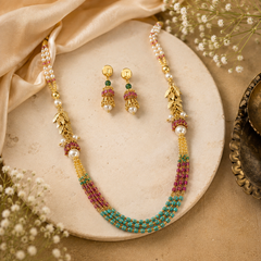 Multicolor Beaded Pearl Necklace Set for Women Leaf Motif Designer Necklace with Matching Earrings