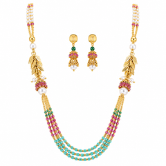 Multicolor Beaded Pearl Necklace Set for Women Leaf Motif Designer Necklace with Matching Earrings