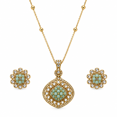 Turquoise Crystal Pendant Necklace Set for Women Gold Plated Vintage Statement Pendant with Matching Stud Earrings