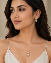 Gold Plated Double Drop Crystal Pendant Necklace Set for Women Elegant Chain Necklace with Matching Earrings