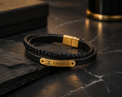 Black Braided Leather Bracelet for Men | Gold Plated Stainless Steel Open Cuff Wristband