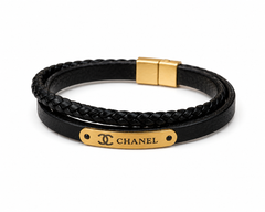 Black Braided Leather Bracelet for Men | Gold Plated Stainless Steel Open Cuff Wristband
