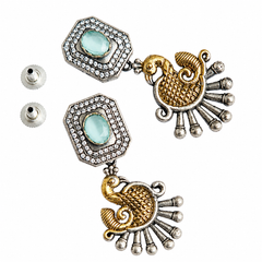 Mint Glow Peacock Dual Tone Statement Earrings