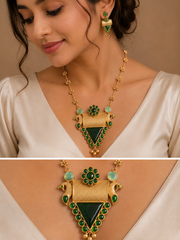 Gold Plated Green Stone Temple Style Long Necklace Set with Earrings