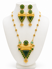 Gold Plated Green Stone Temple Style Long Necklace Set with Earrings