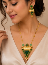 Gold Plated Green Stone Temple Style Long Necklace Set with Earrings