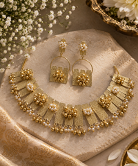 Gold Tone Textured Statement Collar Necklace Set with Pearl Accents for Women