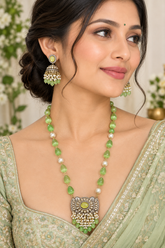 Mint Green Beaded Pendant Necklace Set with Jhumka Earrings for Women