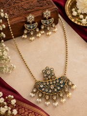 Vintage Blue Floral Statement Pendant Necklace Set with Earrings for Women
