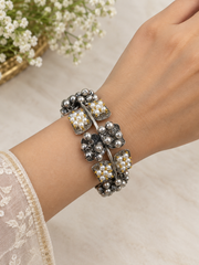 Oxidised Silver Pearl Floral Kada Bracelet for Women Traditional Ethnic Open Cuff Bangle
