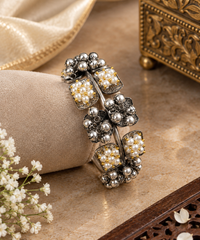 Oxidised Silver Pearl Floral Kada Bracelet for Women Traditional Ethnic Open Cuff Bangle