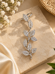 Crystal Leaf Ear Cuff for Women | Silver-Toned Ear Climber Earrings
