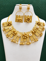 Gold Tone Textured Statement Collar Necklace Set with Pearl Accents for Women