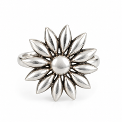 Floral Sunburst Oxidised Silver Adjustable Statement Ring for Women & Girls
