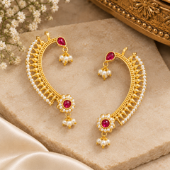 Traditional Pearl & Ruby Stone Earcuff Earrings for Women | Gold Plated Bridal Ear Cuff with Pearl Drops