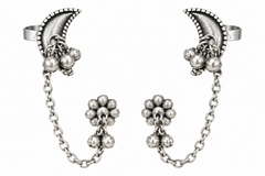 Oxidised Silver Moon Tribal Ear Cuff Chain Earrings for Women & Girls