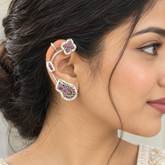 Traditional Kundan Pearl Pink Stone Silver-Tone Ethnic Ear Wrap Ear Cuff Earring for Women
