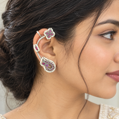 Traditional Kundan Pearl Pink Stone Silver-Tone Ethnic Ear Wrap Ear Cuff Earring for Women