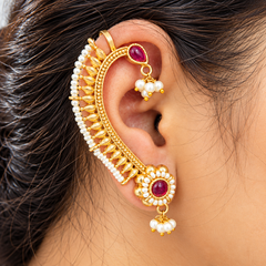 Traditional Pearl & Ruby Stone Earcuff Earrings for Women | Gold Plated Bridal Ear Cuff with Pearl Drops