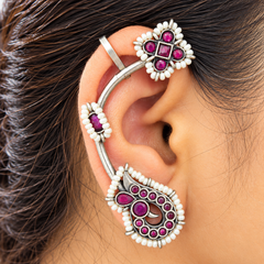 Traditional Kundan Pearl Pink Stone Silver-Tone Ethnic Ear Wrap Ear Cuff Earring for Women