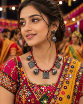 Oxidized Silver Tribal Choker Necklace & Jhumka Earrings Set