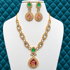 Green Stone Kundan Pendant Necklace Set with Statement Earrings