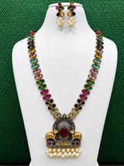 Royal Elephant Motif Multicolor Stone Necklace & Earrings Set