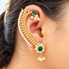 Traditional Pearl & Green Stone Gold Plated Bridal Ear Cuff with Pearl Drops Earrings for Women