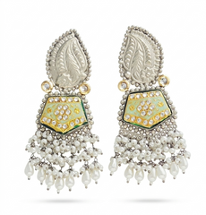Mint Meenakari Pearl Fringe Earrings
