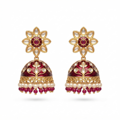 Gold Plated Maroon Meenakari Jhumka Earrings for Women Kundan Floral Pearl Drop Ethnic Earrings