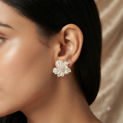 Silver Tone White Pearl Flower Stud Earrings for Women Crystal Floral Statement Earrings