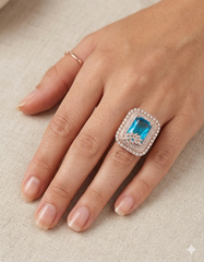 Crystal Glow Square Aqua Blue cubic zirconia Rose gold Plated Ring