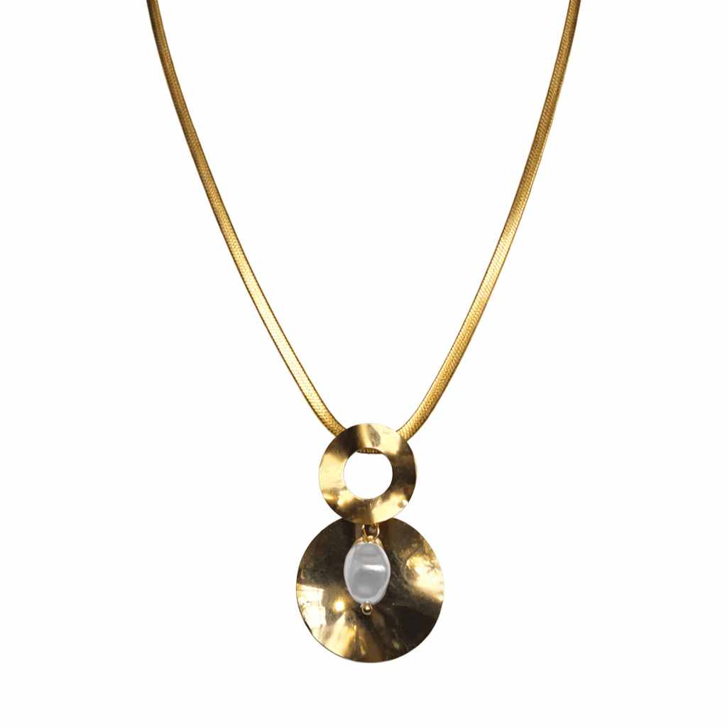 Designer Gold Tone Circle Pendant Necklace with Pearl Drop