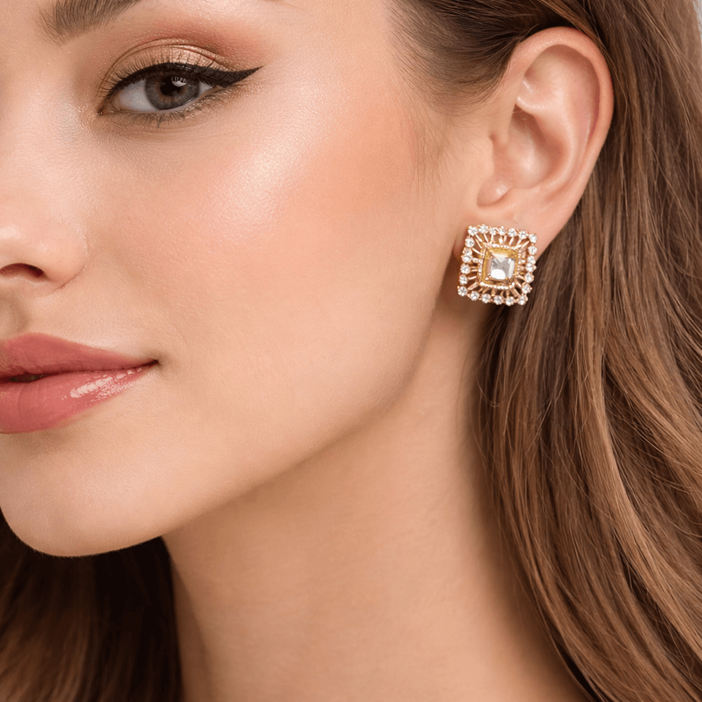 Elegant Rose Gold Plated Square Crystal Stud Earrings