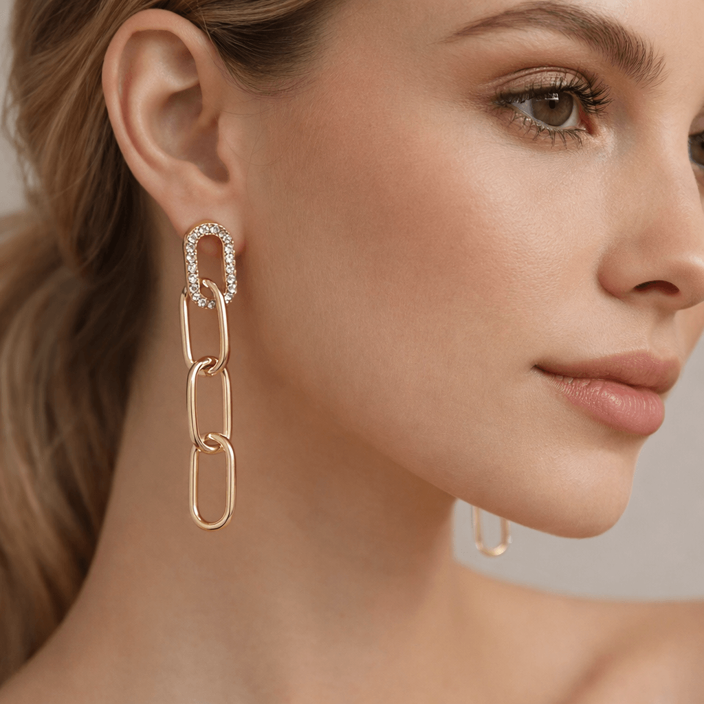 Trendy Gold-Tone Chain Link Drop Earrings with Crystal Studs