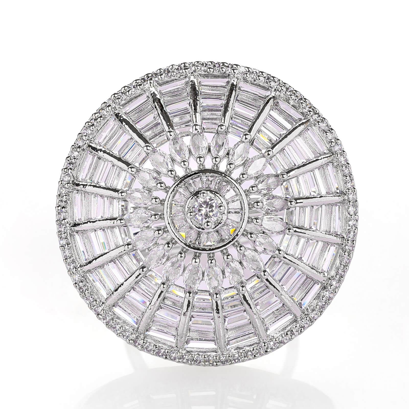 Rhodium plated with CZ Round shape adjustable Finger Ring
